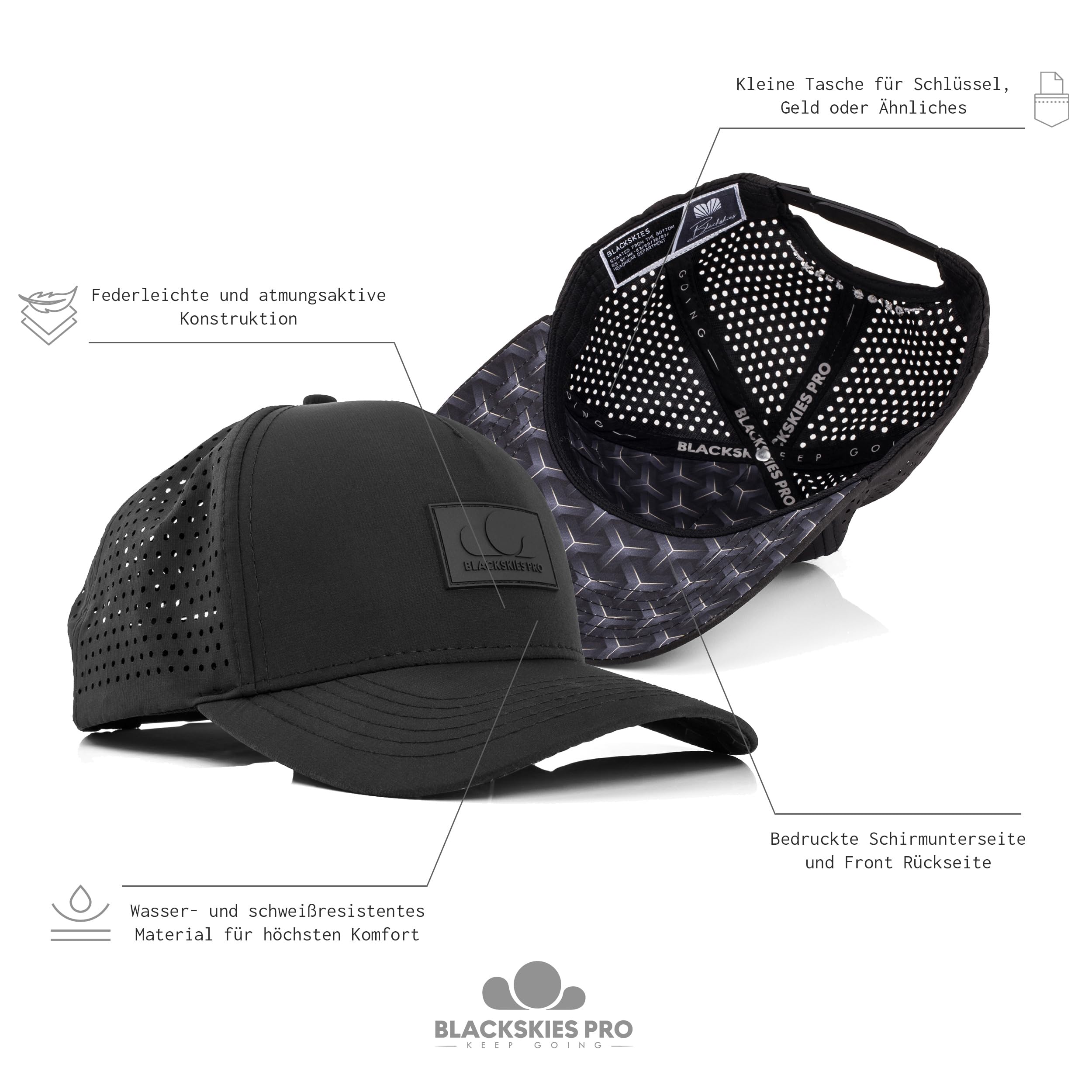Blackskies® Pro Flow Sport Performance Cap | Wasserabweisende Unisex Premium Baseball Kappe | Laufen Padel Gym Joggen Surfen Strand Tennis Herren Damen Trucker - Basecap Männer Schwarz 2