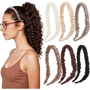 Seiolieliou 6Pcs Satin Headbands for Women Curly, Textured Hair | Ruched Satin Non Slip Hair Bands, Glasses Friendly Headband