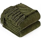 GINAMUSE Chenille Throw Blanket for Couch with Tassels,50"X60" Soft Cozy Lightweight Knitted Boho Decorative Blankets for Bed and Sofa,Olive Green