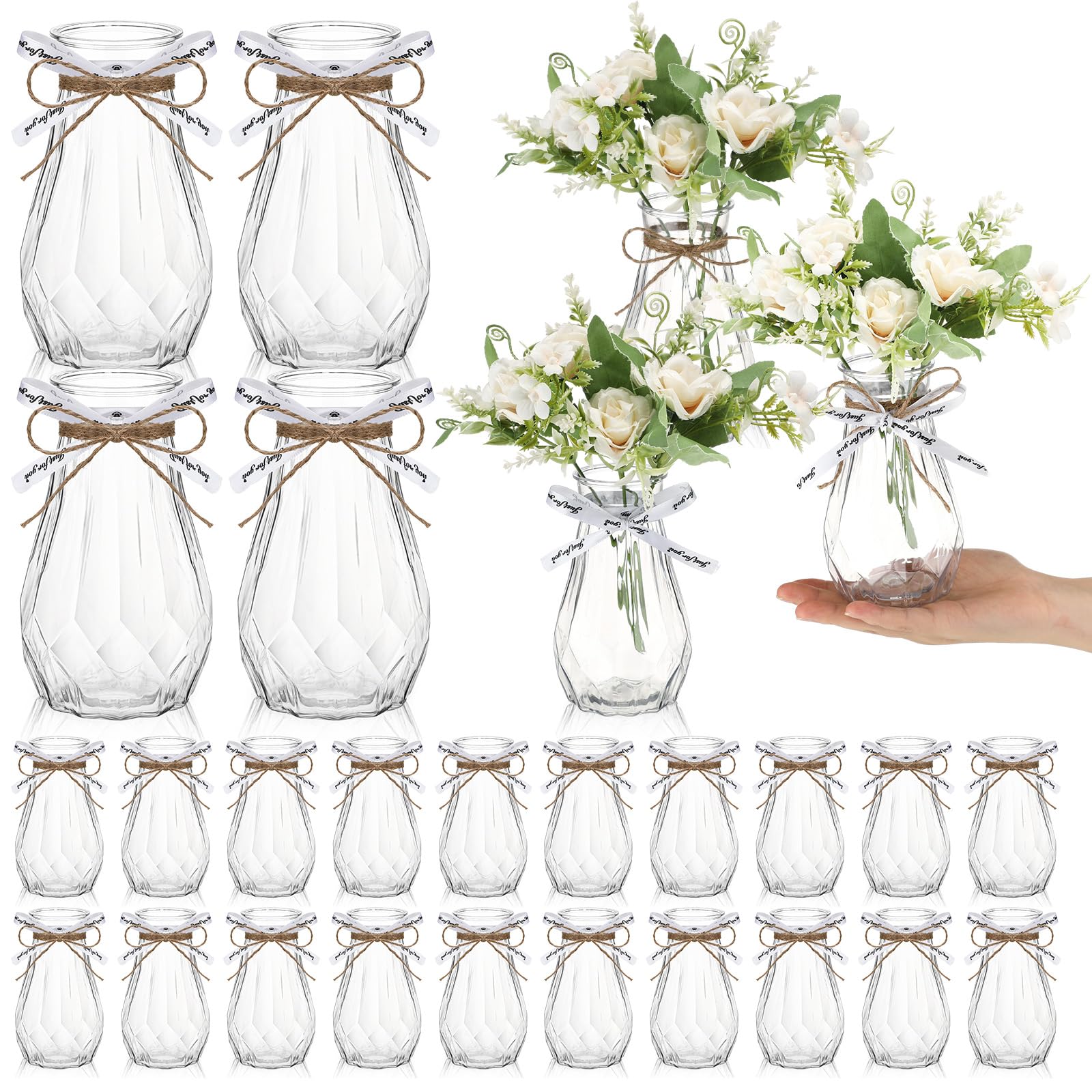Photo 1 of Bokon 24 Packs Small Plastic Bud Vases in Bulk with Gift Wrapping Ribbon, Vases for Flower, Wedding Centerpieces for Home Decor, Living Room, Office Decoration, Housewarming Party Gift (Clear)