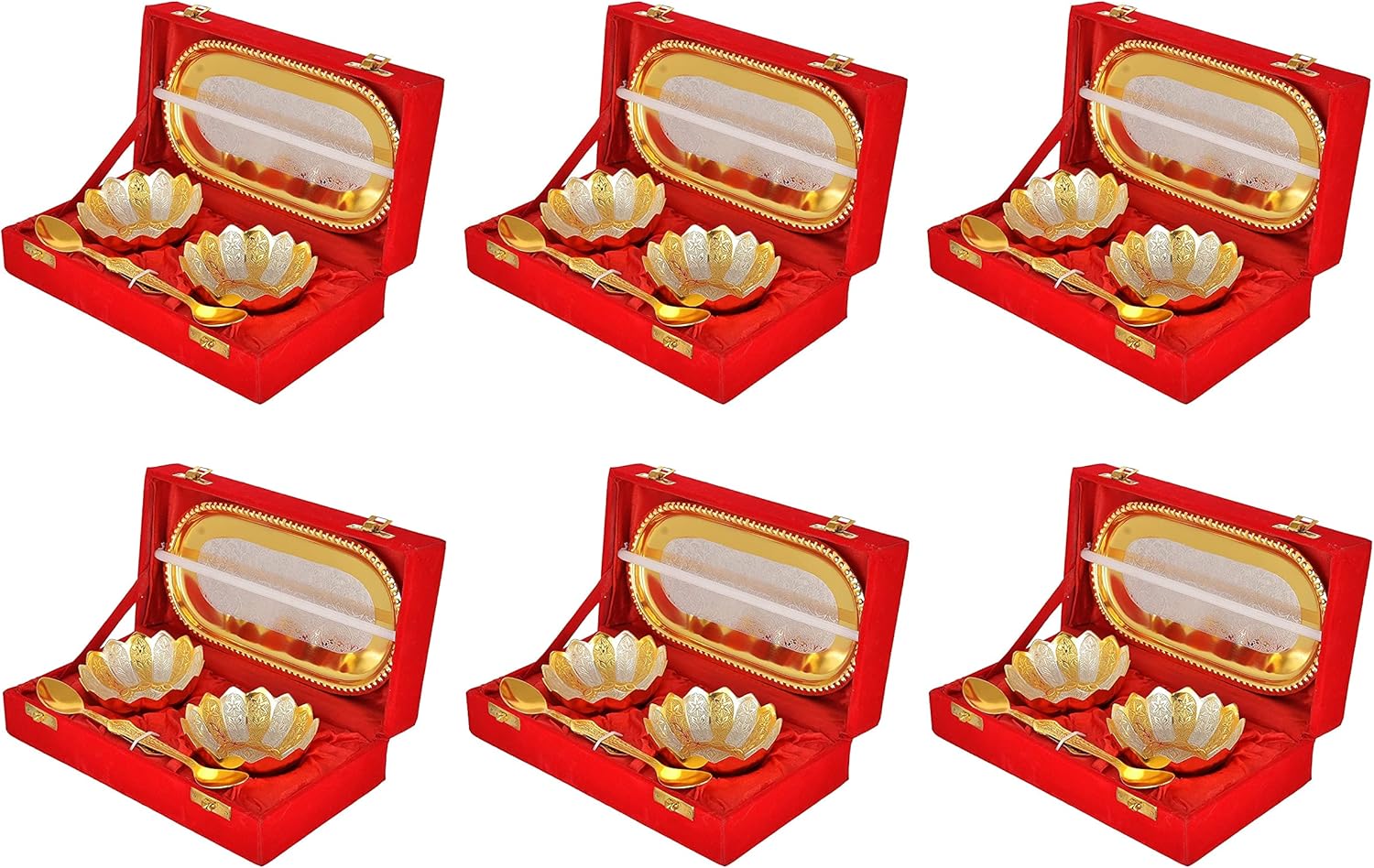 Oil Lamps & Accessories - NOBILITY Gold Silver Plated Bowl Spoon Tray Set Dry Fruits Dessert Serving Set Diwali Gifts Friends Family Home Decorative Corporate Christmas Wedding Return Gift Items 6 Sets