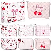 Kacctyen 12 Pcs Pink Cherry Bow Coquette Makeup Bag Cute Bow Canvas Cosmetic Bag International Womens Day Gifts for Women Girl with Zipper Aesthetic Travel Pouch Birthday Party Favor