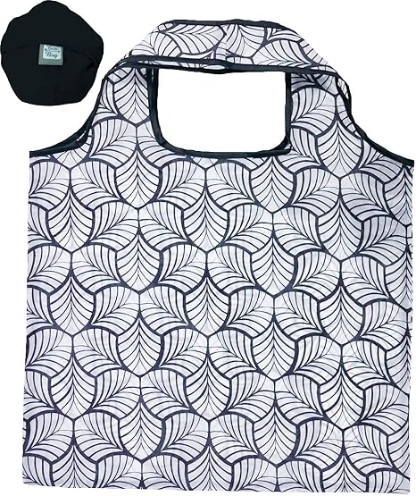 Amazon Co Jp Zip Corporation エコバッグ レジ袋 大 サイズ 相当 簡単 クシュッと 小さく 折りたたみ できる かわいい 収納ポケット付き ホワイトリーフ ブラック ホーム キッチン