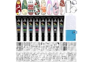 Biutee Nail Stamping Kit 12Pcs Nail Art Stamp Plates 8 Colors Stamping Polish Gel Silicone Stamper Scraper with Storage Bag, Nail Stamping Plate Lace Star Rose Plaid Template Christmas Design Gift