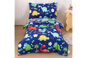 Wowelife Toddler Bedding Sets for Boys, Premium 4 Piece Dinosaur Toddler Comforter Set, Blue Bed-in-a-Bag, Super Soft and Comfortable for Toddler