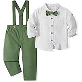 Volunboy Baby Boys Cotton Linen Formal Suspenders Outfits with Bowtie Toddler Long Sleeve Gentleman Wedding Dress Clothes