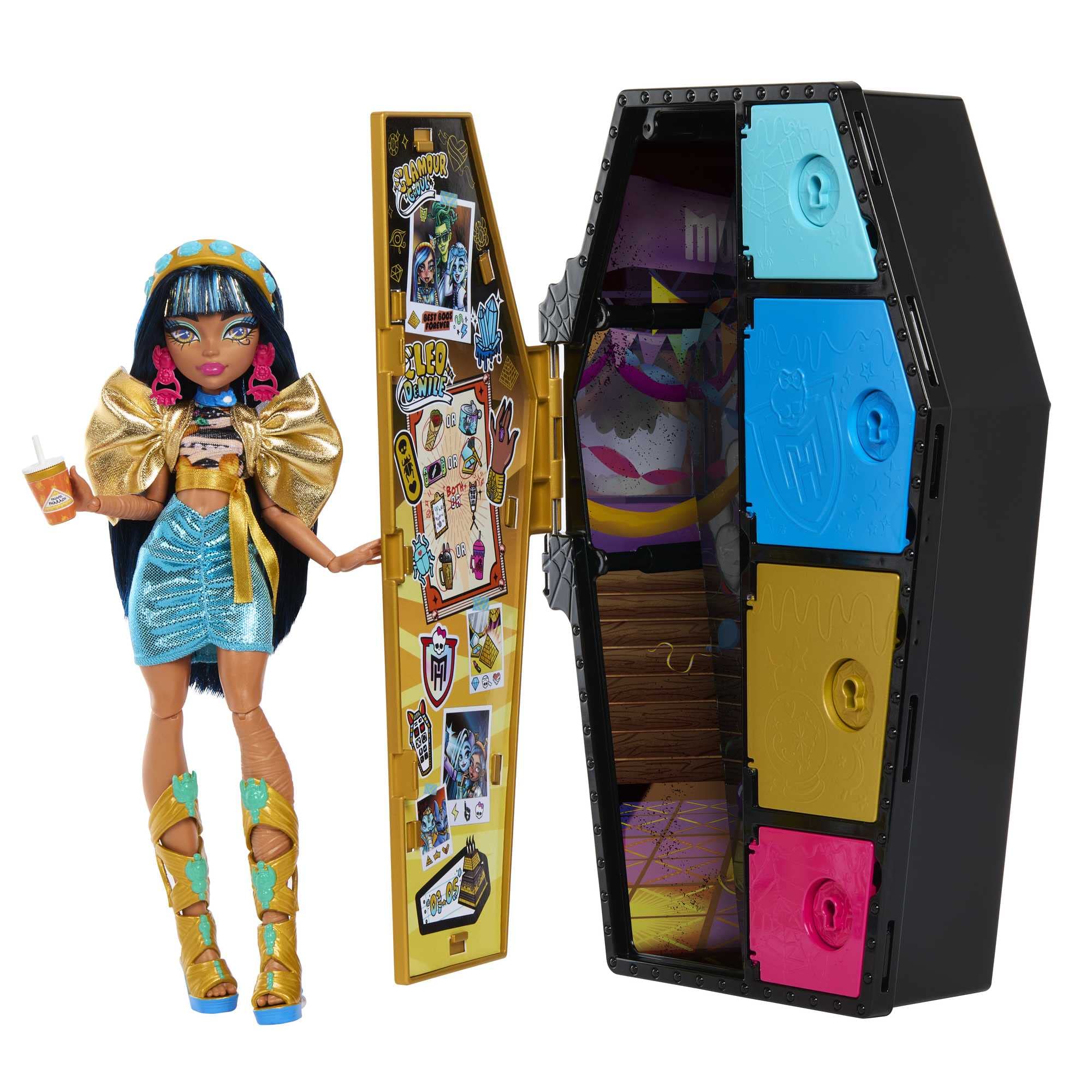 Monster High Doll and Fashion Set, Cleo De Nile with Dress-Up Locker and 19+ Surprises, Skulltimate Secrets, HKY63