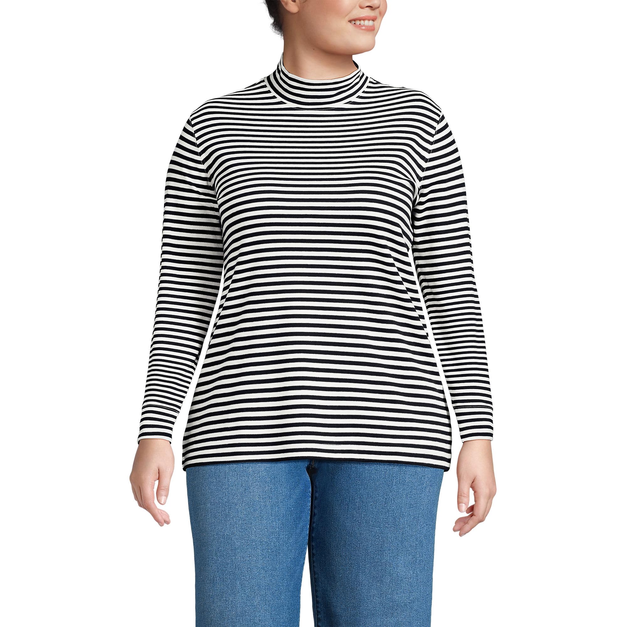 Lands' End Women Long Sleeve Relaxed Cotton Mock Black Even Stripe Regular Small Image Lands' End Women Long Sleeve Relaxed Cotton Mock Black Even Stripe Regular Small Image