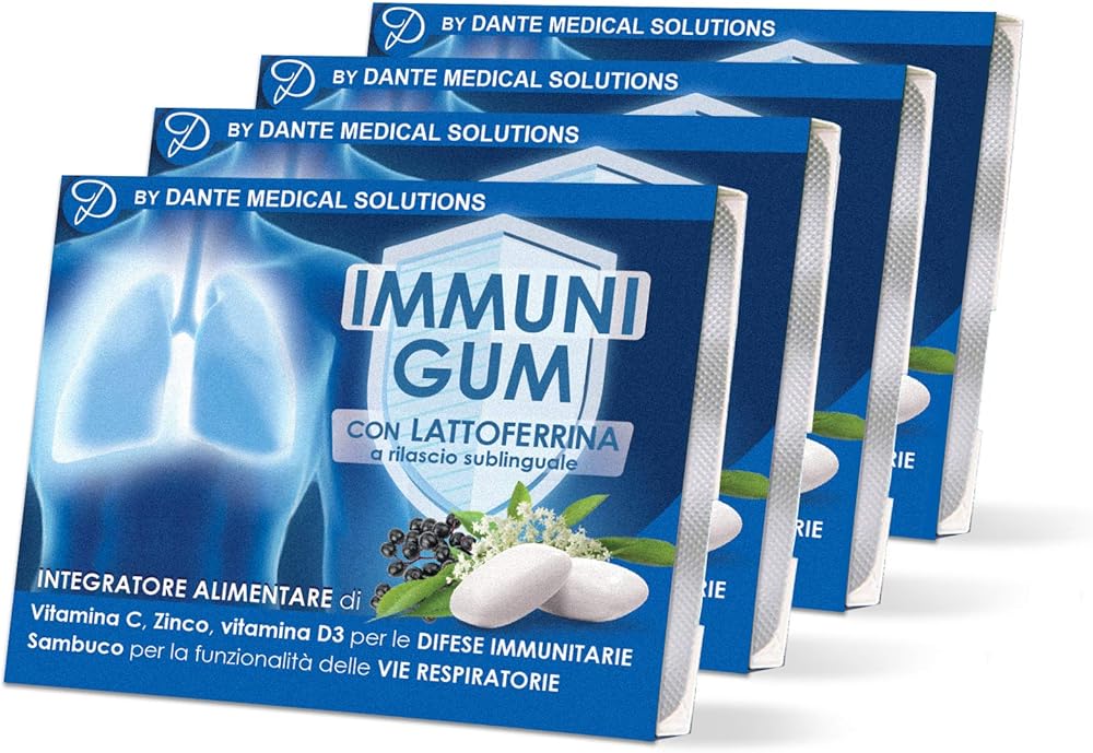 Immuni gum - chewing gum integratore con lattoferrina, vitamina c, vitamina d3, zinco e sambuco