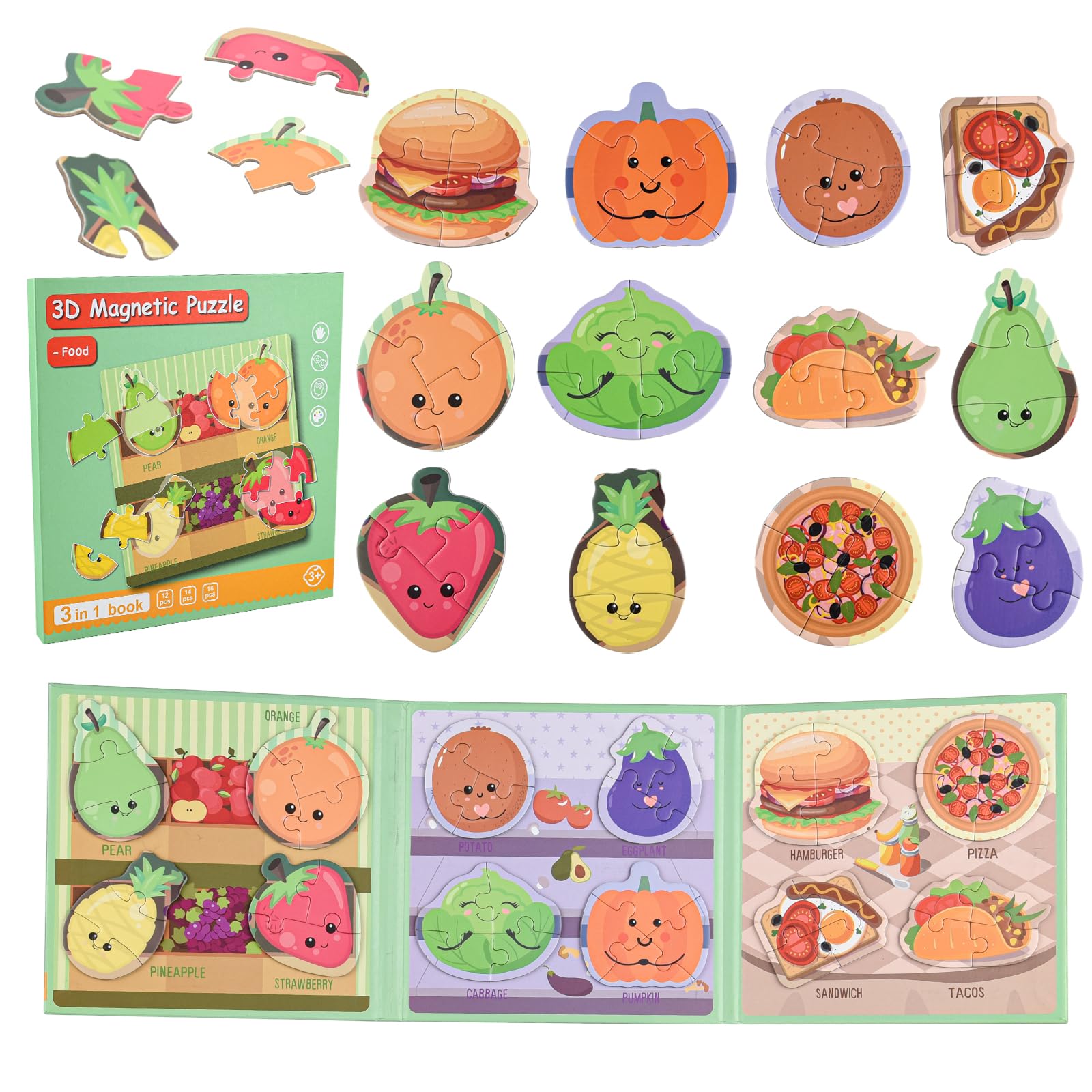 ASTARON Magnetic Puzzle with 80 Puffy Stickers for Toddlers, 42 Pieces 3-in-1 Food Puzzles Preschool Education Learning Travel Toys Car Plane Activities For Kids Road Trip Birthday Gifts