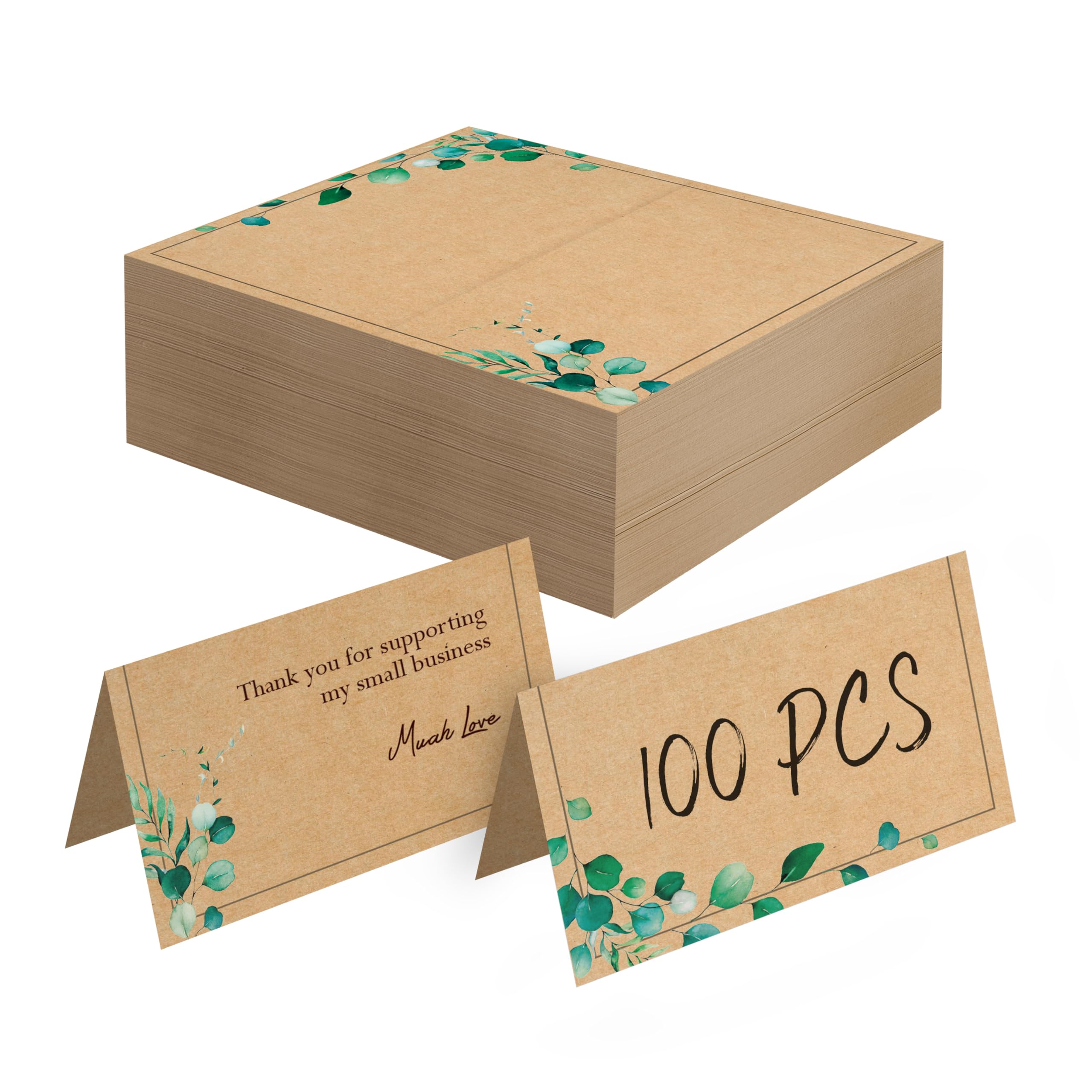 Photo 1 of 100 PCS Kraft Place Cards, Small Tent Cards with Green Plant Design Delicate Seating Cards Blank Name Cards Escort Cards for Wedding, Table, Dinner Parties, Receptions (2” x 3.5”, Greenery Design)