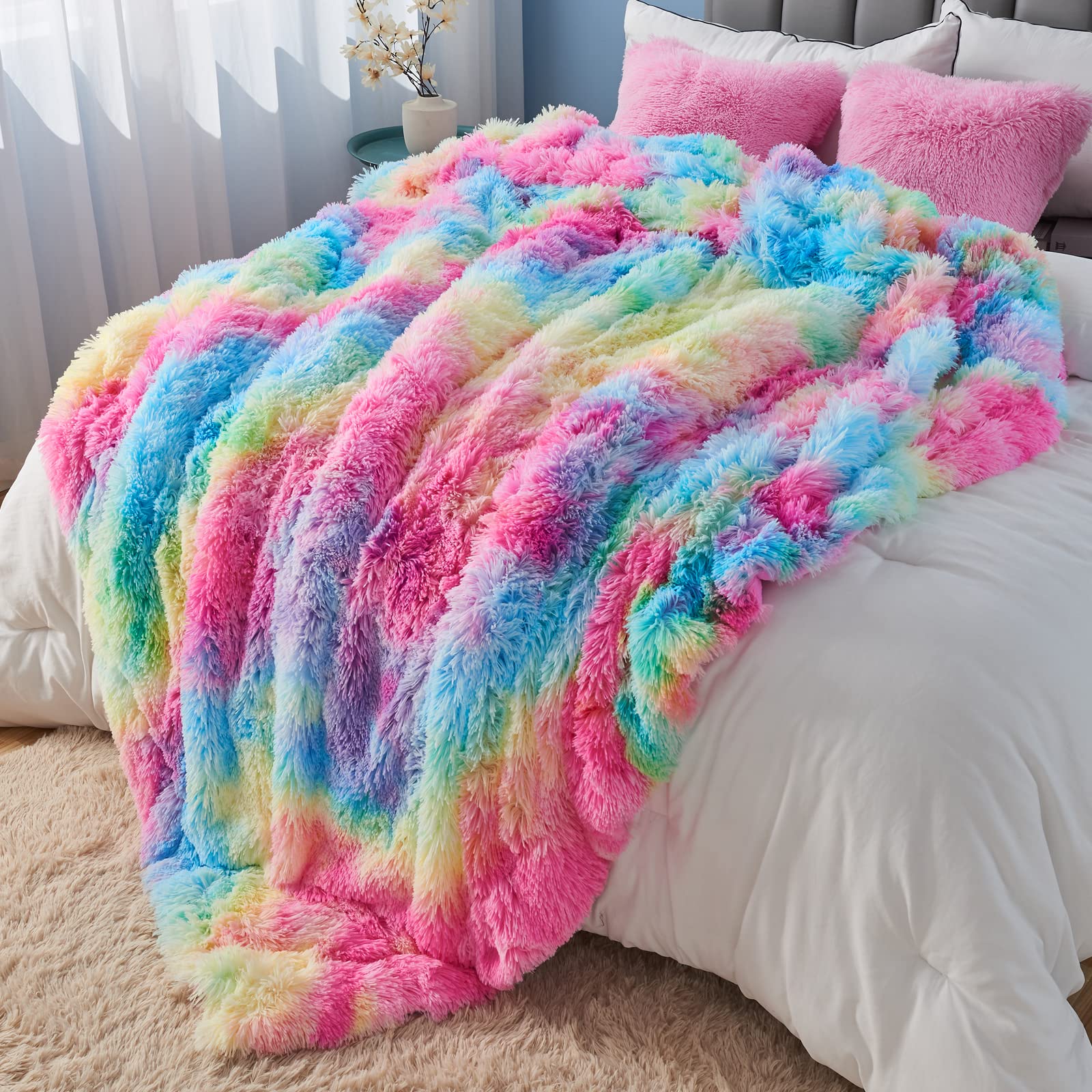 GONAAP Fuzzy Faux Fur Throw Blanket Dark Rainbow