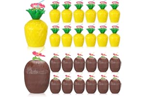 SABARY 24 Pieces Tropical Pineapple Coconut Cups Plastic Hawaii Cups with Hibiscus Flower Straws for Adults Hawaiian Luau Party Summer Beach Party Pineapple Carnival Celebrations Birthday Decorations