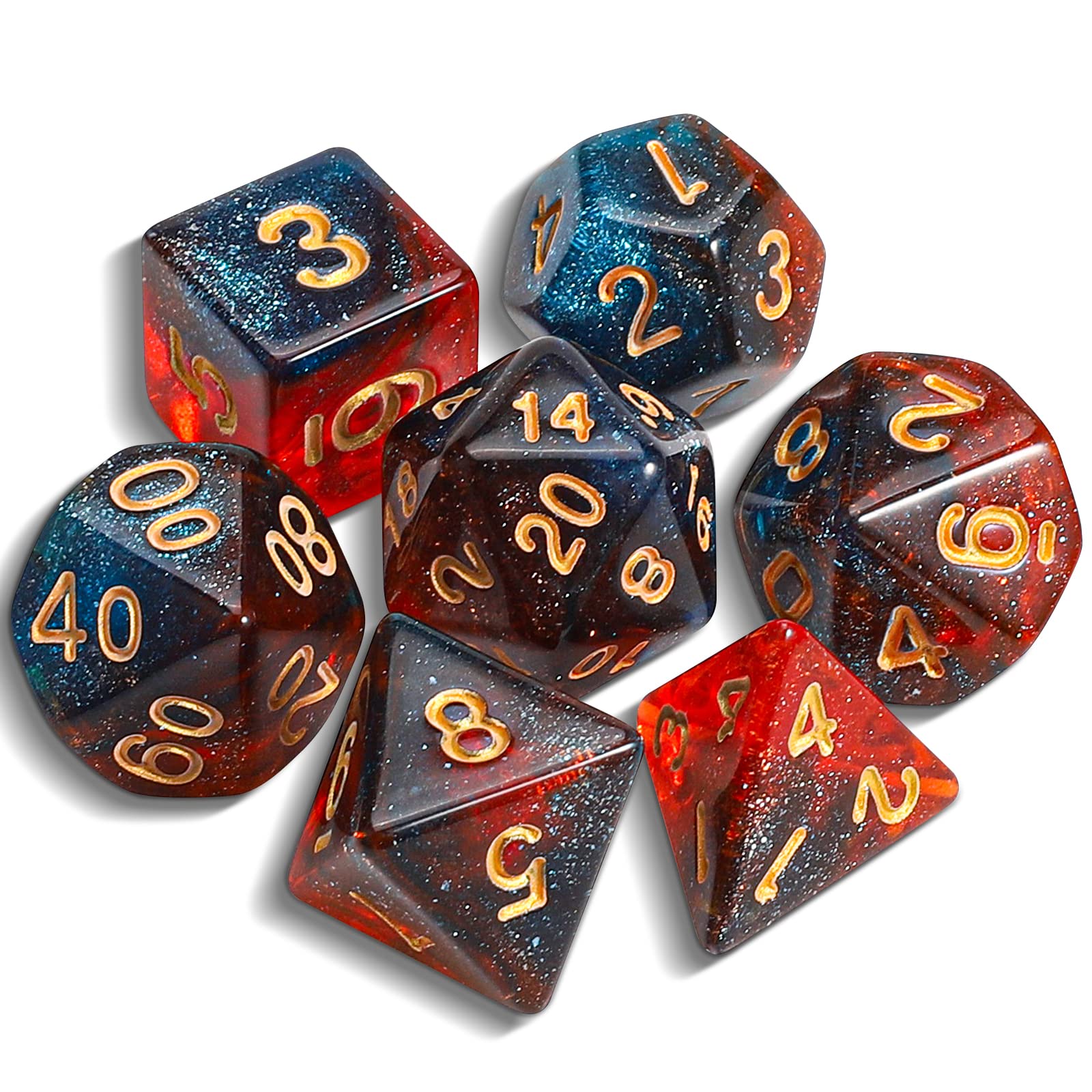 QMAY DND Dice Polyhedral Dice Set - 7 Pieces for Dungeon and Dragons MTG RPG D&D D20, D12, D10, D%, D8, D6, D4 (Blue mixed Red + Glitter) — image 1