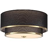 Luupyia 15.75 Inches Drum Ceiling Light Black and Gold, 3-Lights Fabric Simple Semi Flush Mount Ceiling Lights with Double Fa