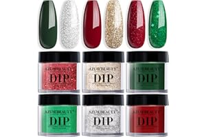 AZUREBEAUTY Dip Powder Nail Set, 6 Colors Glitter Red Green Silver Gold Nail Dipping Powder Starter Kit French Nail Art Sparkle Stunning Manicure Salon DIY No Need Nail Lamp Cured