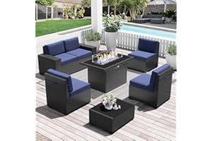LayinSun 7 Pieces Outdoor Patio Furniture Set with 44" Fire Pit Table Rattan Sectional Sofa Conversation Sets