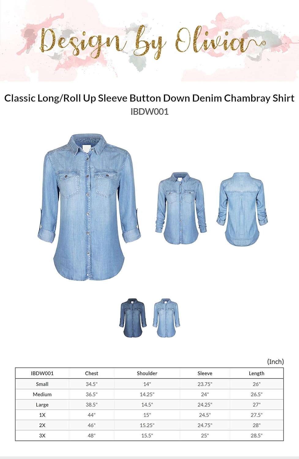 Design by Olivia Women's Classic Long/Roll Up Sleeve Button Down Denim Chambray Shirt: Clothing