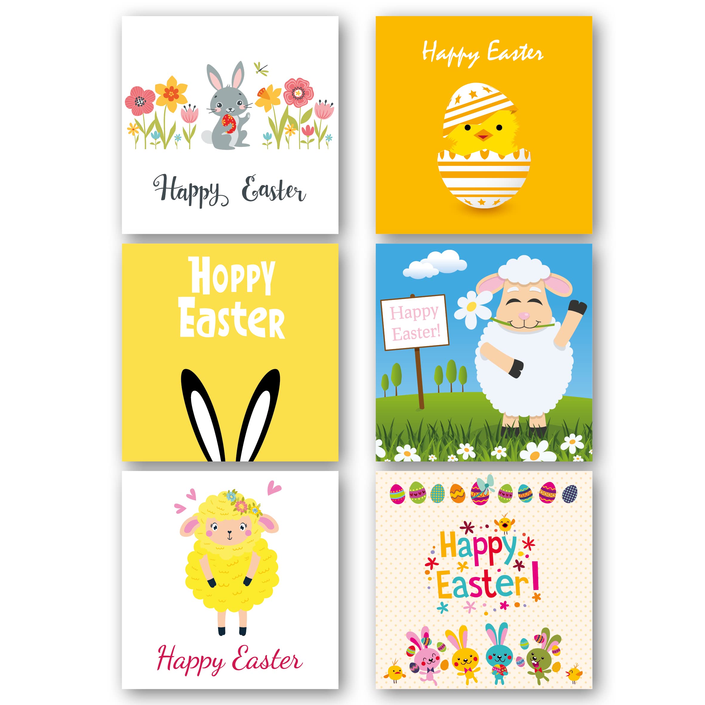 Easter Cards Pack of 6. Multipack has 6 Different Cute Easter Designs. Ecofriendly, Recyclable, Plastic Free Cards, envelopes and Box. Blank Inside.