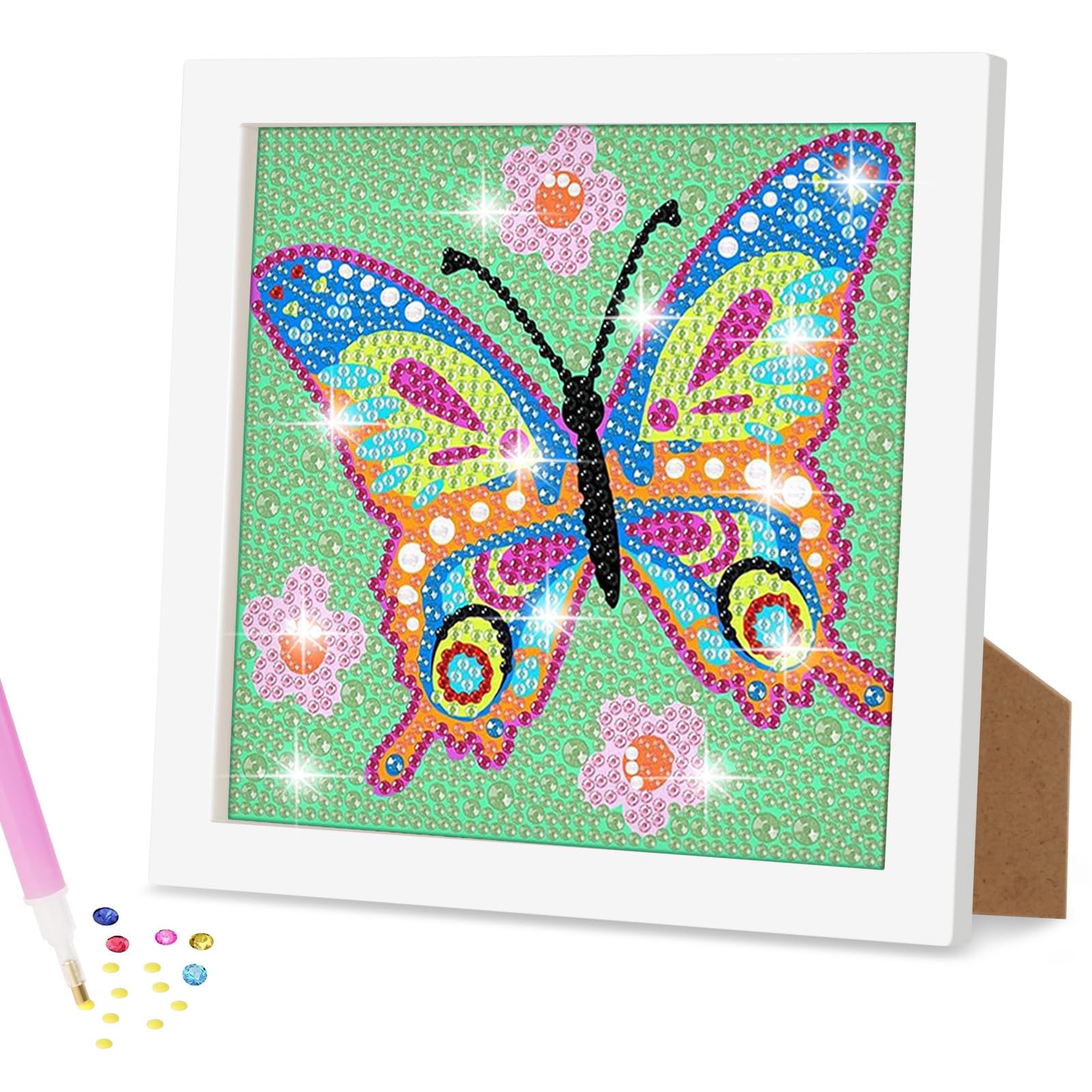 Ainiv 5D Diamond Painting Art Kit with Wooden Frame, Crystal Art Kits, Easy Cartoon Full Drill Gem Painting for Beginners (Butterfly)