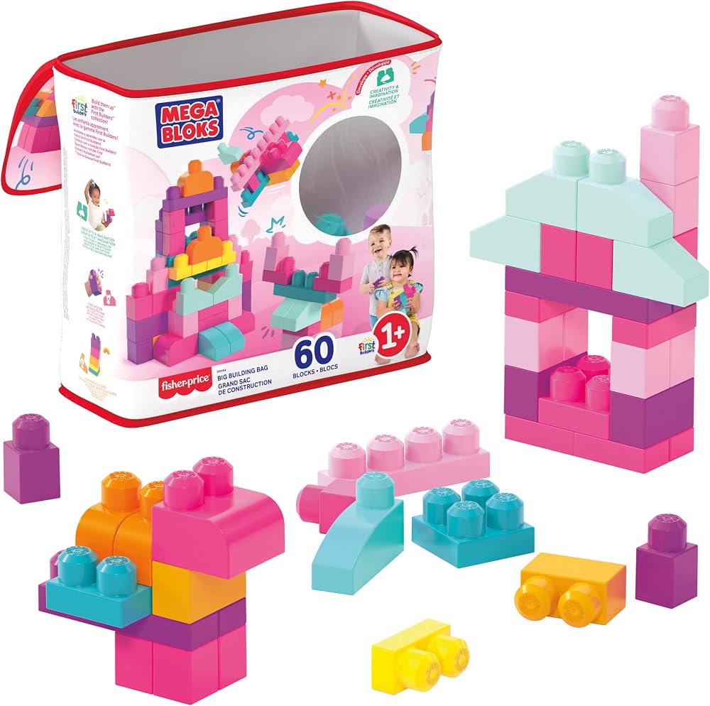Mega Bloks Big Building Bag 60 Blocks 9 Colors Pink Ages 1+