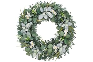 HOBYYOHIN Summer Wreaths for Front Door,24''Green Eucalyptus Wreath,Year Round Greenery Wreath with Eucalyptus Boxwood Leaf Little Daisy Lambs Ear for Home,Outside Farmhouse,All Seasons-Indoor/Outdoor