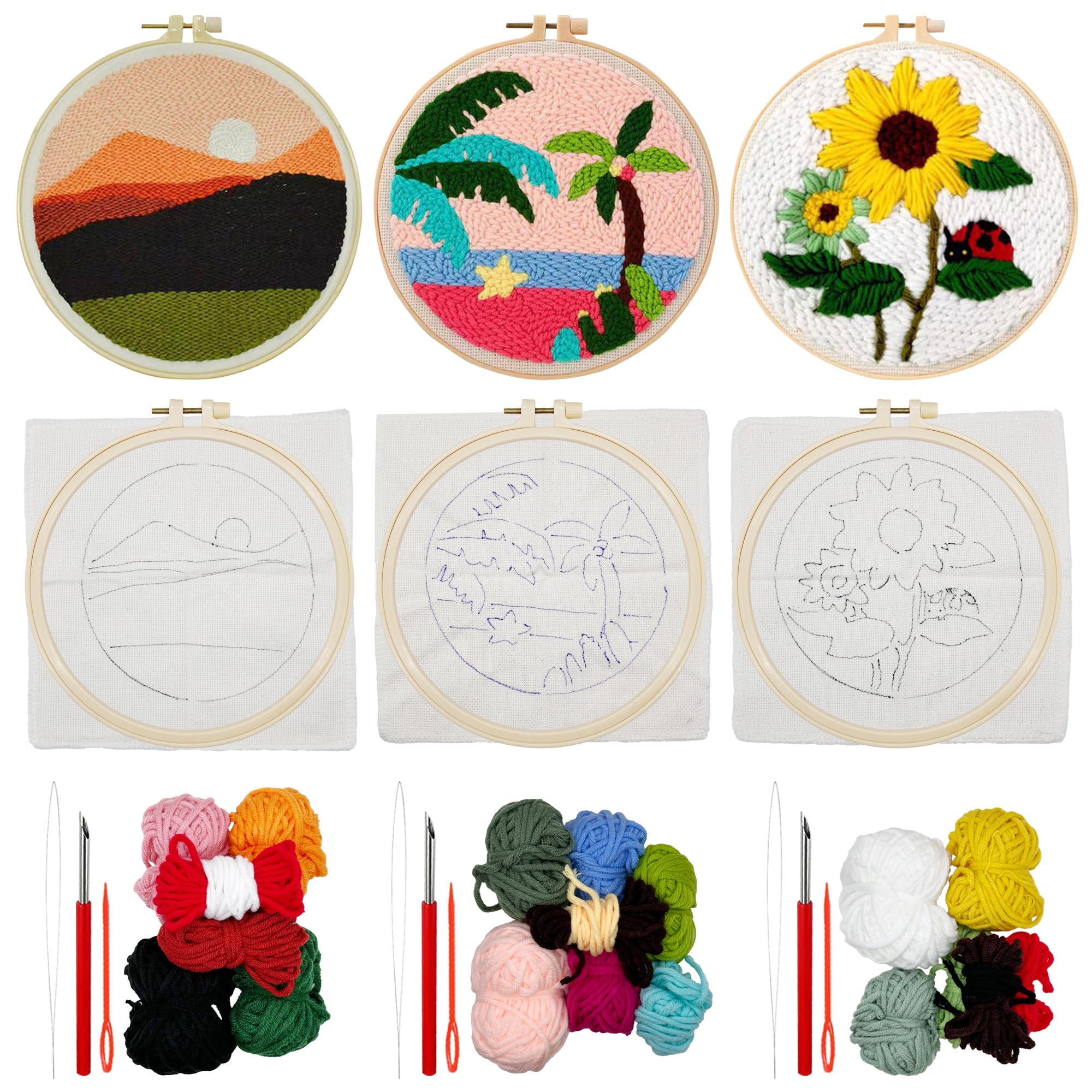 Allazone 3 Set Punch Needle Kit, Punch Tool with Fabric, Yarns and Sewing Needles for Adults Beginner (Coconut Tree)