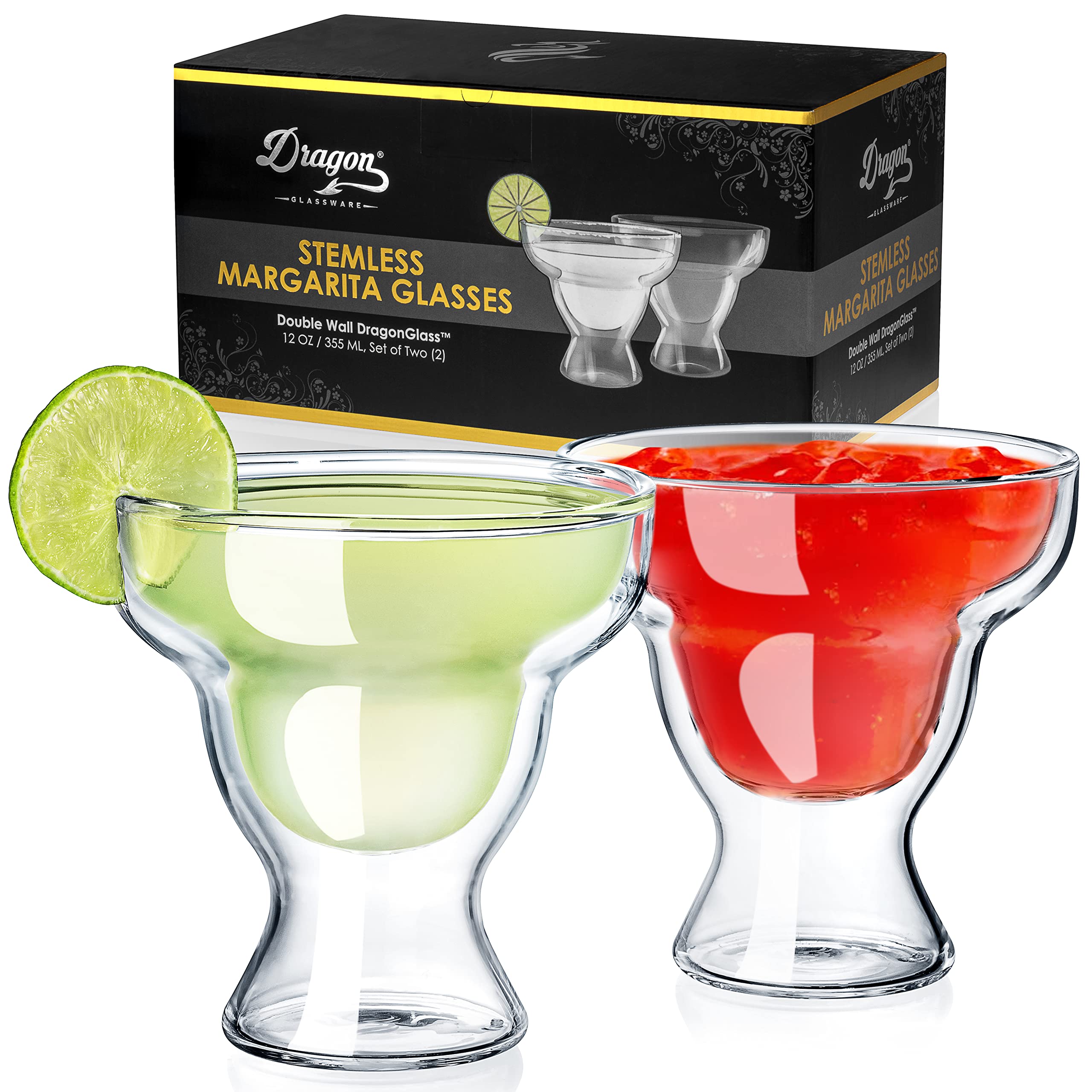 Dragon Glassware Margarita Glasses - 12 oz Clear Double Wall Stemless Margarita Glasses Set of 2 - Insulated Barware Set to Keep Beverages Hot or Cold Longer