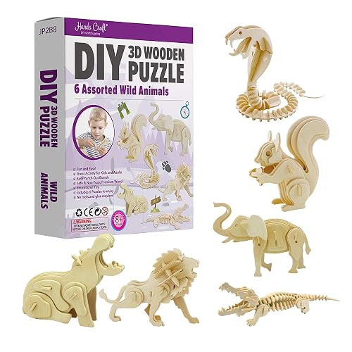 Hands Craft DIY 3D Wooden Puzzle – 6 Assorted Wild Animals Bundle Pack ...