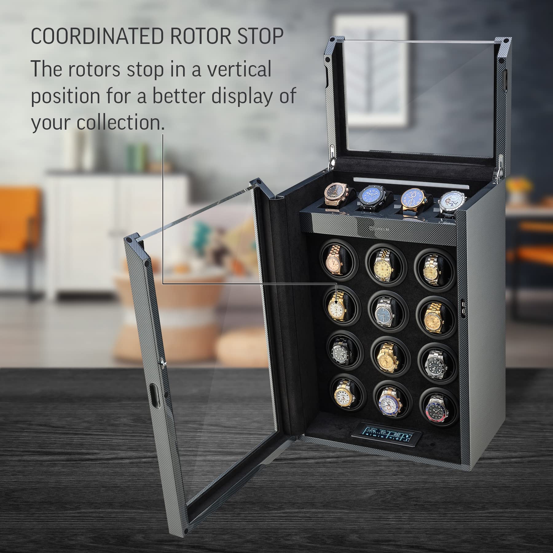 TIMECUBE Watch Winder for 12 Watches with Interior Light and 4 Watch Storage Slots (Carbon)