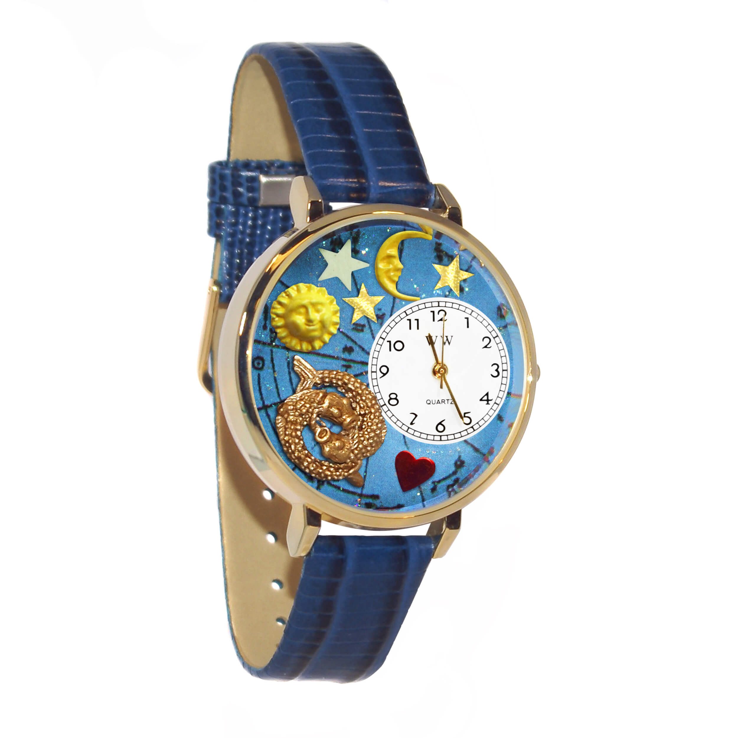 Whimsical Watches Pisces Royal Blue Leather and Goldtone Unisex Quartz Watch with White Dial Analogue Display and Multicolour Leather Strap G-1810009