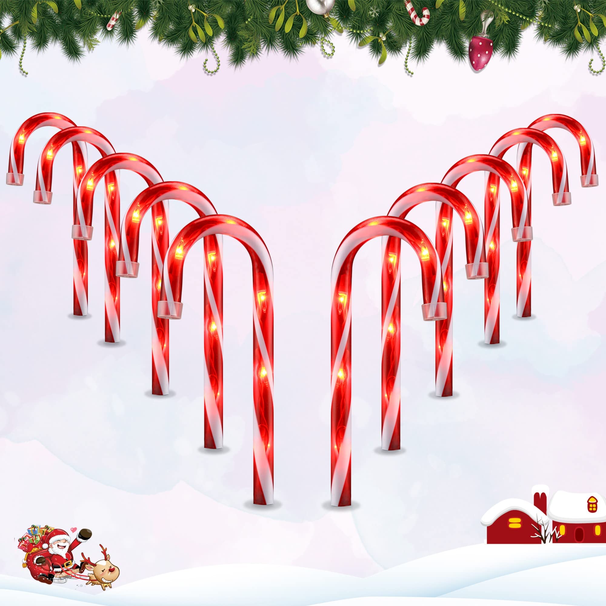 Vcoken 10 Christmas Candy Cane Pathway Markers Lights Set Of 10