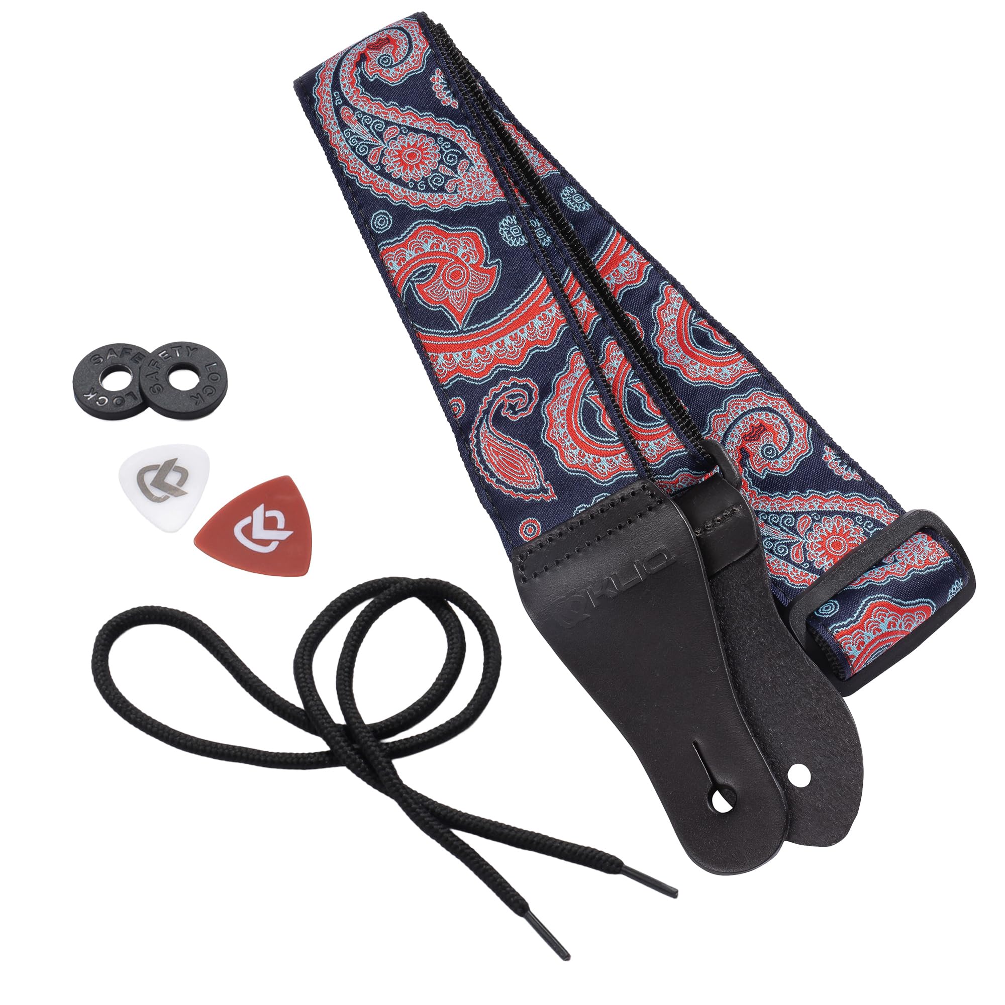 KLIQ Vintage Woven Guitar Strap for Acoustic and Electric Guitars | '60s Jacquard Weave Hootenanny Style | 2 Rubber Strap Locks Included (Blue & Red Paisley)