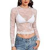 YYA Womens Mesh Tops Lace Long Sleeve Shirts Crewneck Slim Fitted Outfits See Through Blouses S-XXL