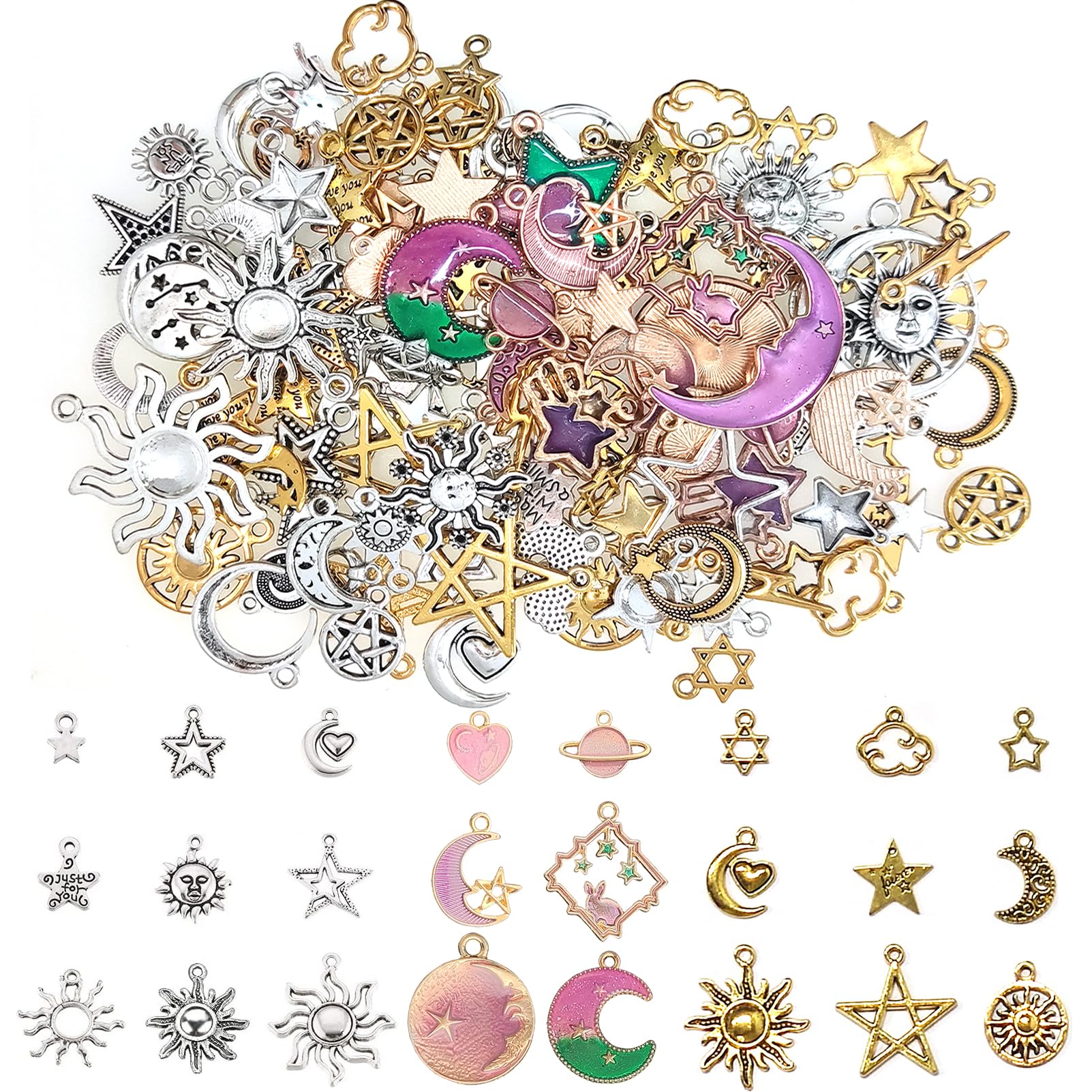 BetterJonny 130pcs Jewelry Charms, Star Moon and Sun Charms Pendant Fitting Enamel Charms for Jewelry Making Gold Silver and Purple…