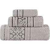 Superior Cotton 3 Piece Towel Set, Includes 1 Bath, 1 Hand, 1 Washcloth/Face Towel, Quick Dry, Home Essentials, Shower, Spa, Luxury Plush Soft Absorbent Towels, Zero Twist, Jacquard Floral, Platinum