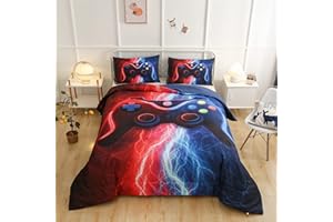Meeting Story Gamer Gaming Bedding Sets Red-Blue Lightnings Gamepad Comforter Set for Boys Games Console Action Buttons Novelty Colorful Modern Room Decor Home Quilt Set (Red-Blue, Full)