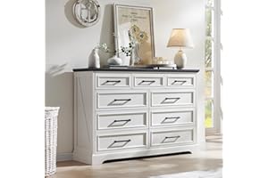 ACCOHOHO Farmhouse 9 Drawer Dresser for Bedroom, 36 Inch Tall Modern Dresser TV Stand with Large Drawers & Bar Handles, Rustic Wood Chest of Drawers for Bedroom, Living Room, Hallway, Off White