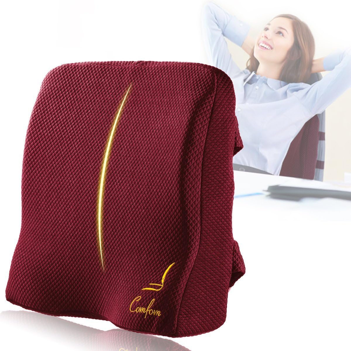 Comfom Memory Foam Lumbar Pillow - Office Home Back Seat Cushion - Pain Relief Comfort Chair Support - Wide Soft Ergonomic Orthopedic Design (Burgundy)