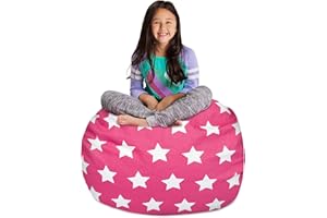 Posh Creations Kids Stuffed Animal Storage Bean Bag Chair Cover - Childrens Toy Organizer, Large-38in, Canvas White Stars on Pink