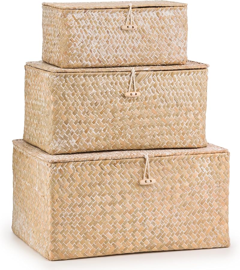 woodluv Set of 3 Seagrass Storage Boxes with Lid Lightweight Baskets