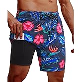 Gleeease 7inch Mens Swim Trunks: 2 in 1 with Compression Liner Pockets Drawstring Quick Dry Stretch Lined Funny Beach Pool