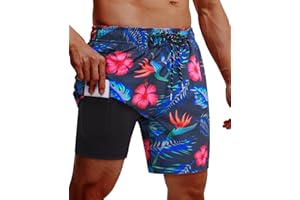 Gleeease 7inch Mens Swim Trunks: 2 in 1 with Compression Liner Pockets Drawstring Quick Dry Stretch Lined Funny Beach Pool