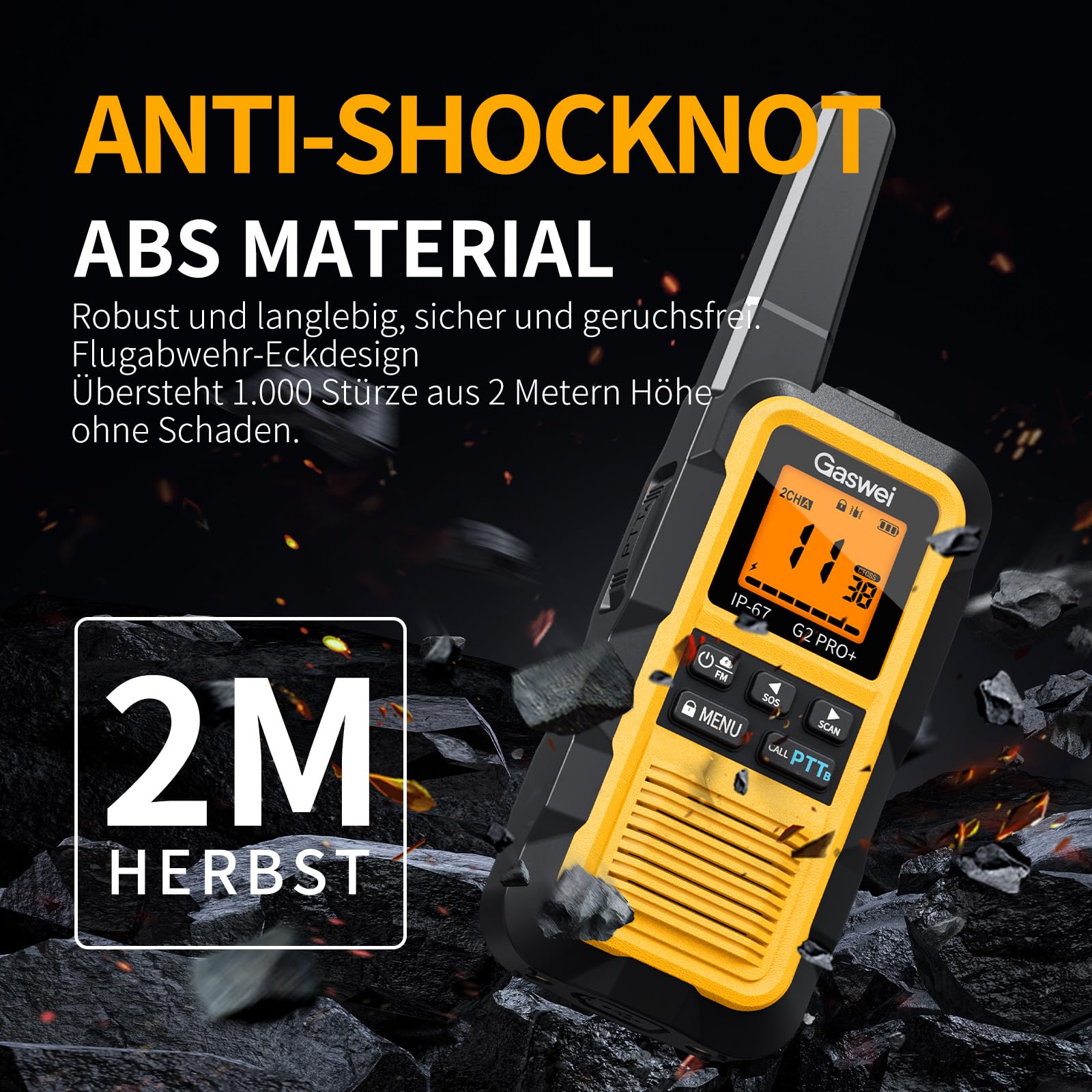 Gaswei G2Pro Professionelle Walkie-Talkies für Erwachsene [IP67 wasserdicht & schwimmfähig] Langstrecken-Funkgerät mit Doppel-PTT, VOX,SOS-Alarm,FM-Radio + Akku für Outdoor, (2er-Set in Gelb) 4