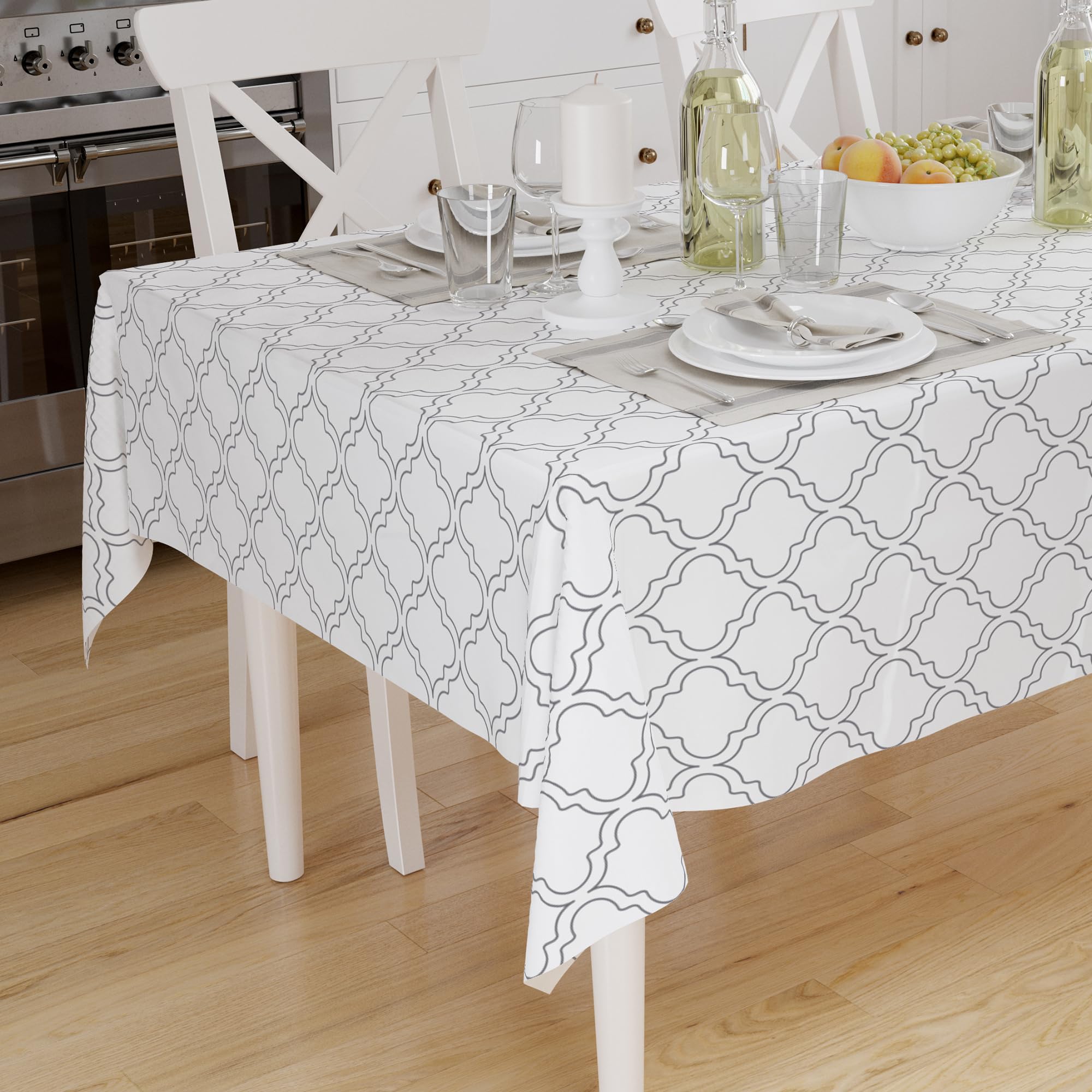 Encasa XO Printed Tablecloth 140x180 cm for 4 to 6 Seater Dining Table of length upto Rectangular, 100% Cotton, Machine Washable, Durable, Rectangular, for Home, Restaurant, Banquet - White Tiles — image 1