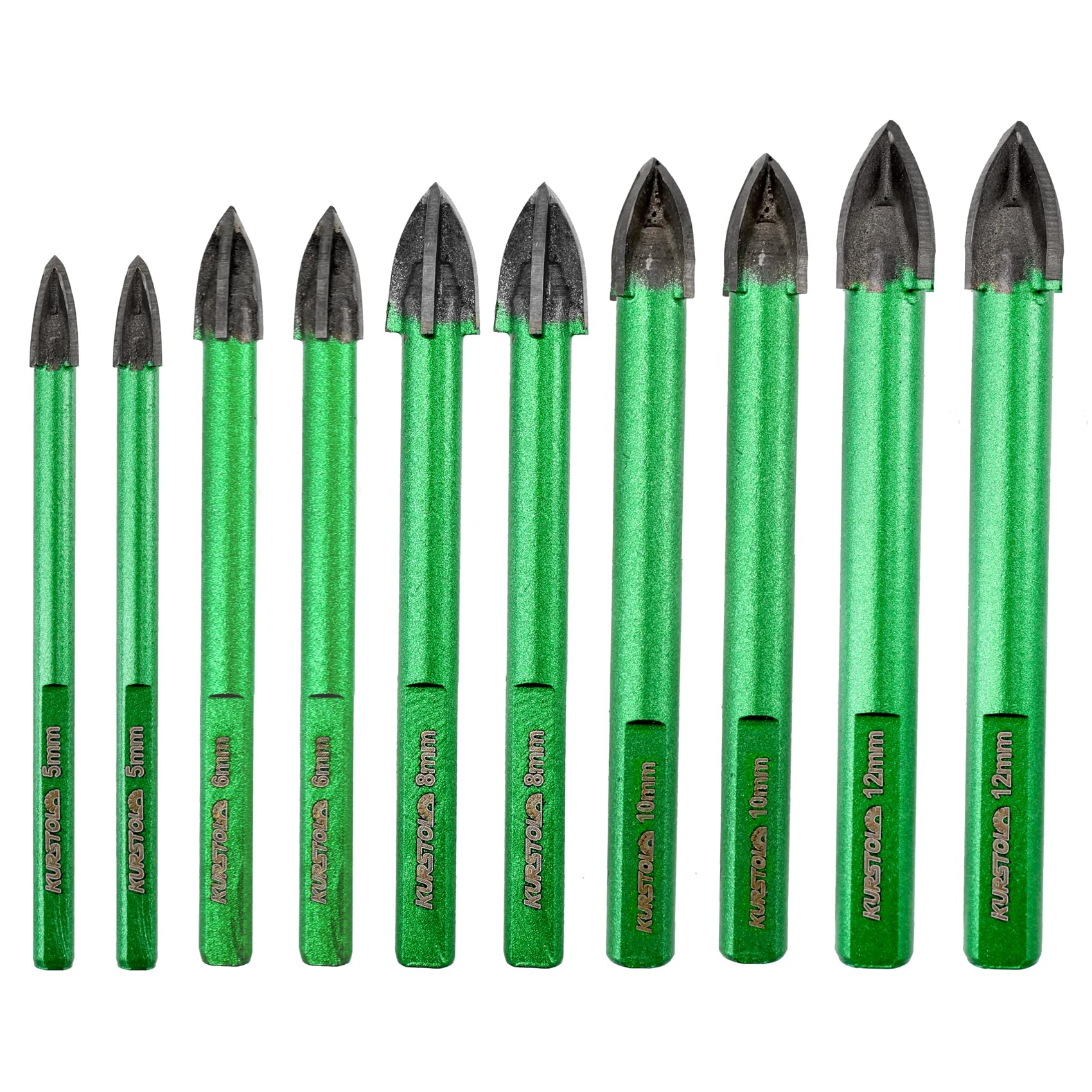 KURSTOL Masonry Drill Bits Set - 10pcs 5mm*2/6mm*2/8mm*2/10mm*2/12mm*2 Tungsten Carbide Tip Tile Drill Bit for Porcelain Tile Concrete Brick Glass Wood Ceramic, Triangle Shank — image 1