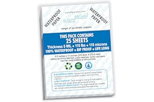 HIGHH IMAGE Waterproof Paper 8.5X11 Thickness 5 MIL 110 LB, 25 Sheets Non-Tear Paper, Durable Laser Printer Paper