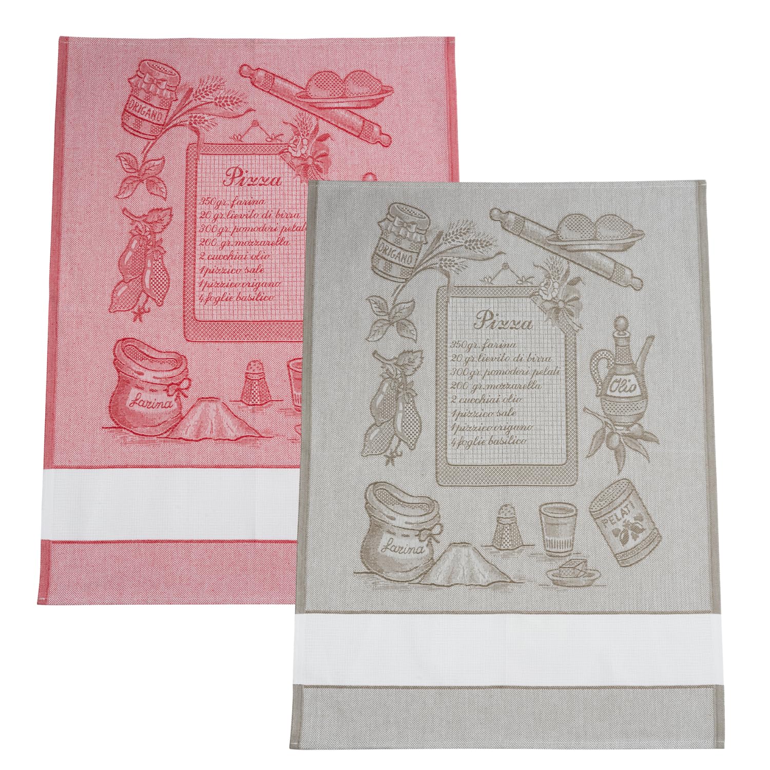 Filet - Set of 2 Jacquard Tea Towels for Kitchen with Aida Insert 55 Holes to Embroider, Ideal for Drying Dinnerware, Made in Italy, Pizza Design, Red and Rope