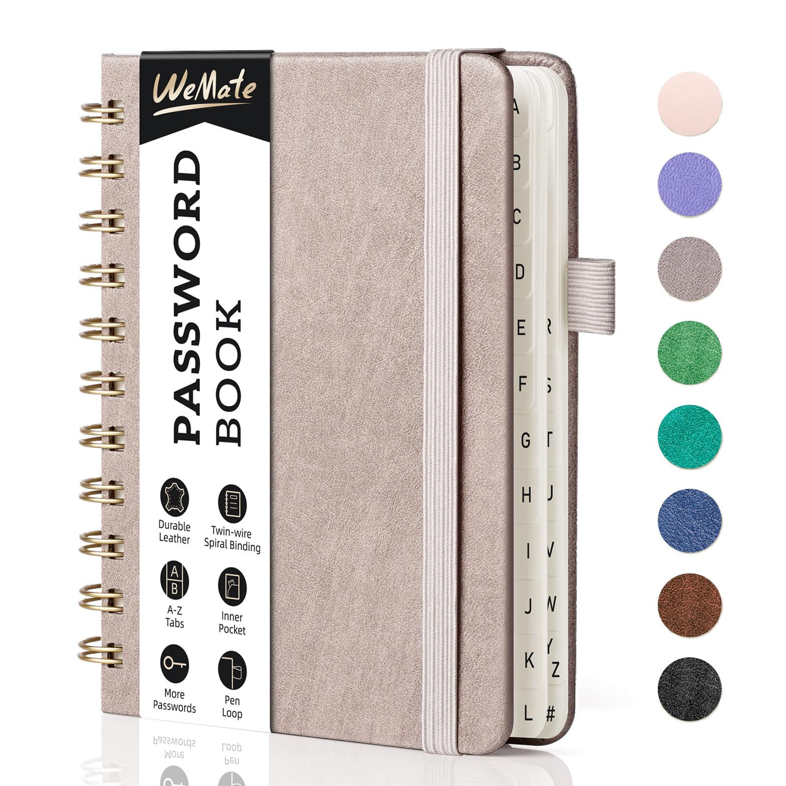 WEMATE Spiral Password Book with Alphabetical Tabs, Small Password Keeper Book for Seniors, Internet Password Notebook Hardcover Password journal logbook – 12 x 15cm (Dusty Rose) — image 1