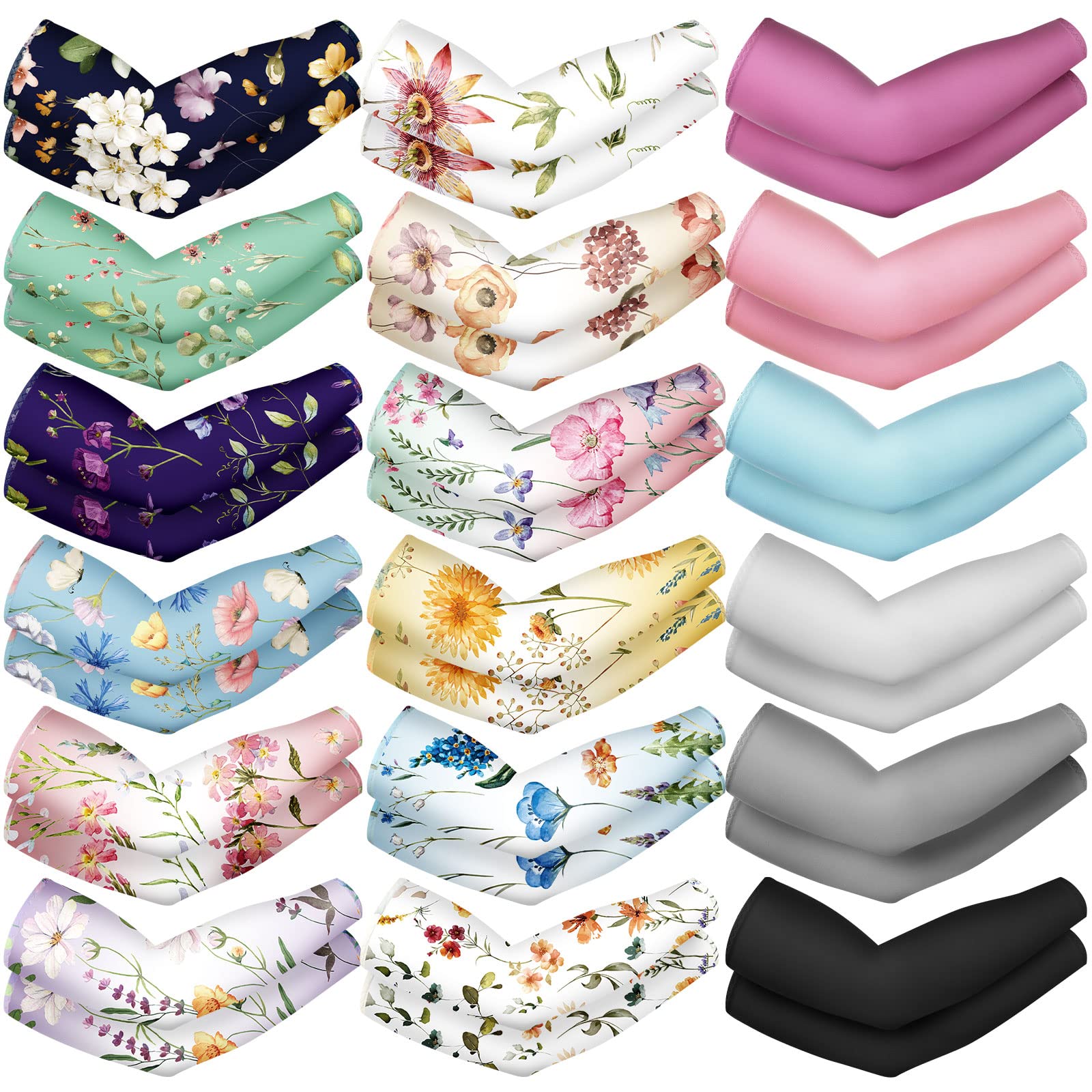 Photo 1 of Jeyiour 18 Pair Gardening Sleeves UV Sun Protection Arm Sleeves for Women Men Flower Pattern Solid Color Cooling Summer Farmers Compression Protection Arm Cover for Garden Outdoor Work Sports Cycling